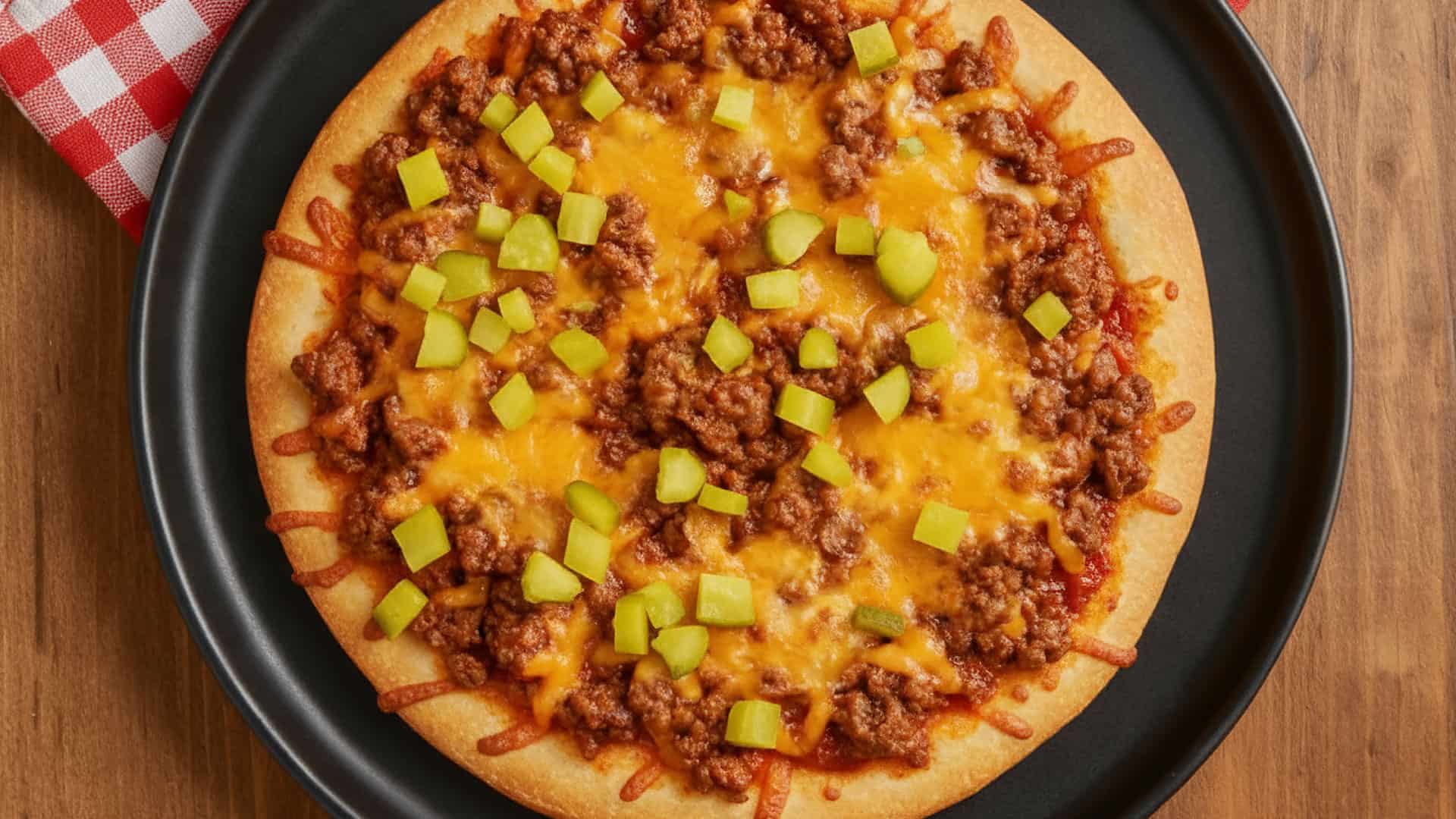 Savory beef taco pizza with melted cheddar cheese, seasoned ground beef, and fresh green onions on a crispy crust served on a black plate.