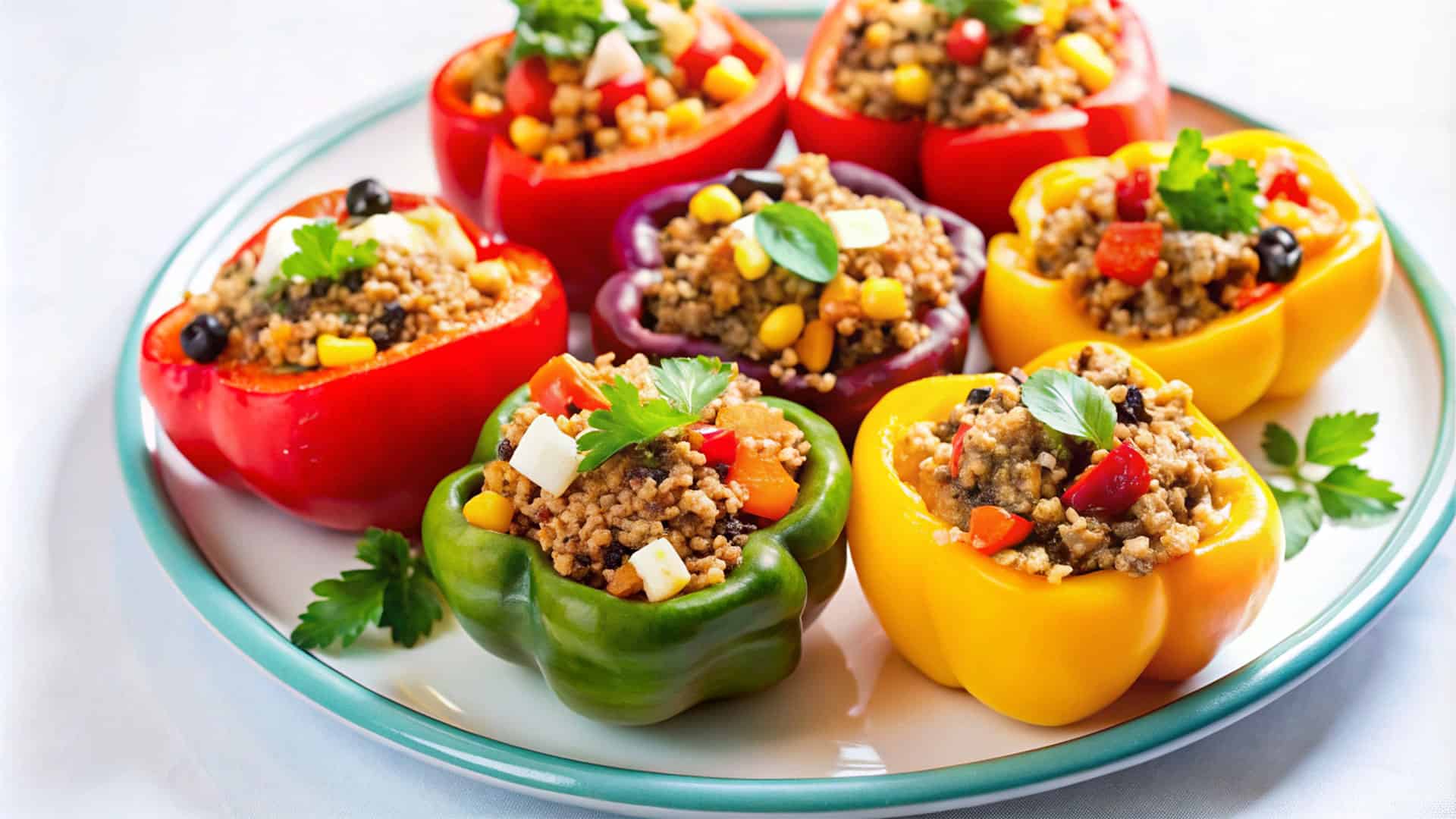 Colorful stuffed bell peppers filled with seasoned ground meat, corn, and vegetables on a decorative plate, highlighting healthy, flavorful recipes with fresh ingredients for a nutritious meal.